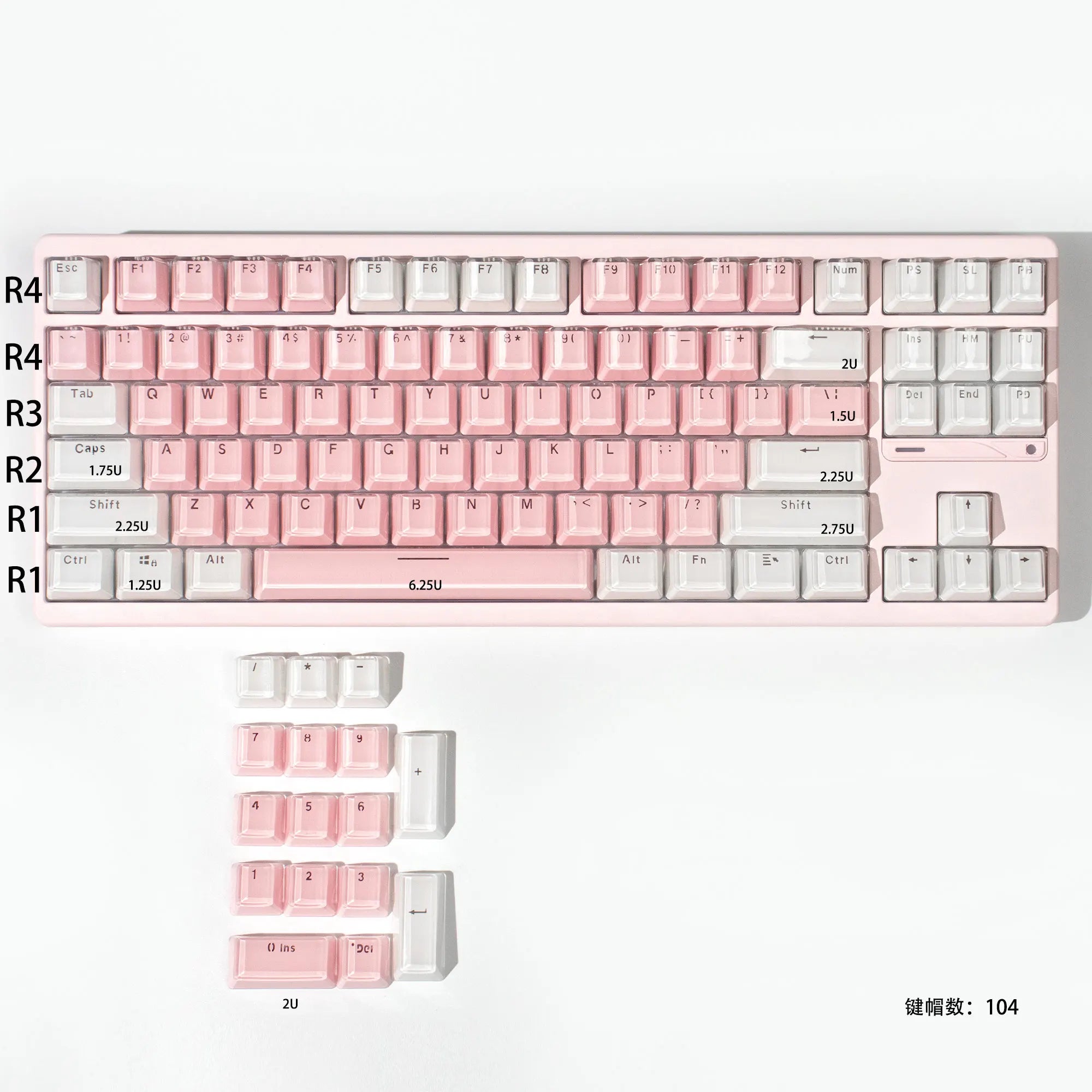 Crystal White Pink Jelly Keycaps OEM profile 104 Keys ABS Double shot keycaps set for MX Switches Mechanical Keyboard