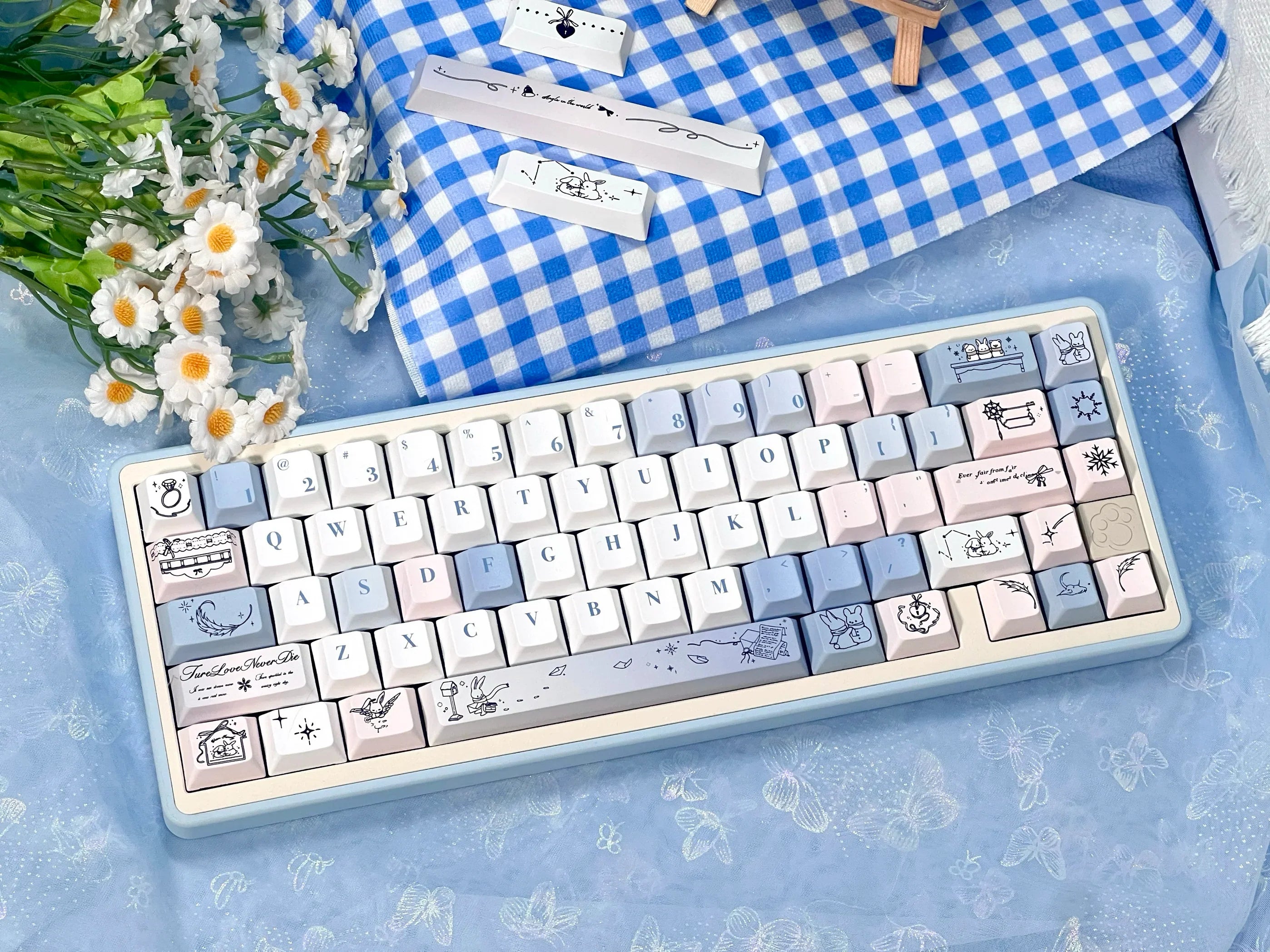 Gentle Snow Keycap Cherry Five-Sided Thermal Sublimation Process Pbt Material Blue White Cute Snowflake Small Full Set Of Keycap