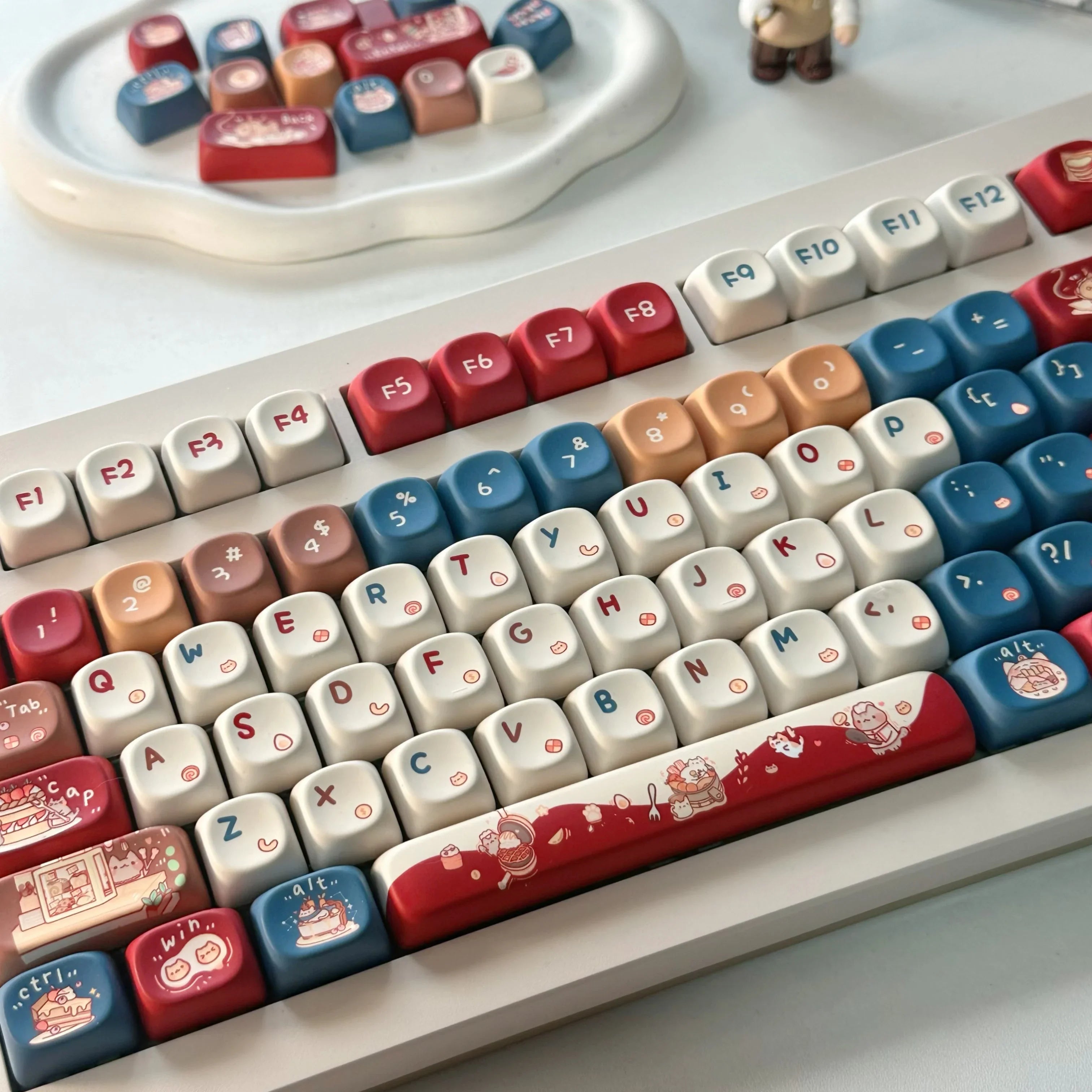 Meow Chef Keycap Set PBT Sublimation Cat Kitchen Cute Keycaps 131 Keys MOA Profile Red Blue Key Caps for DIY Mechanical Keyboard