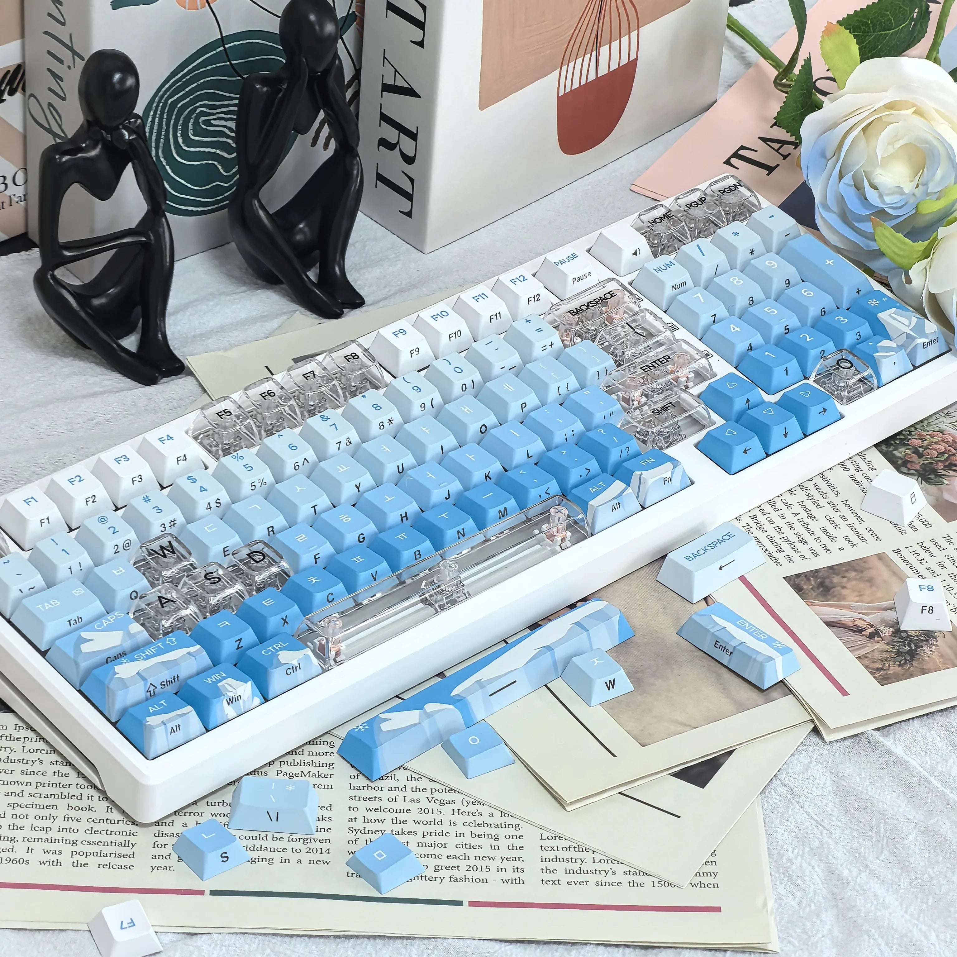 Korean Glacier Side-Engraved Translucent Keycaps OEM PBT Sublimation 122-Key DIY Fresh Gradient Blue White KR/korean Keycaps