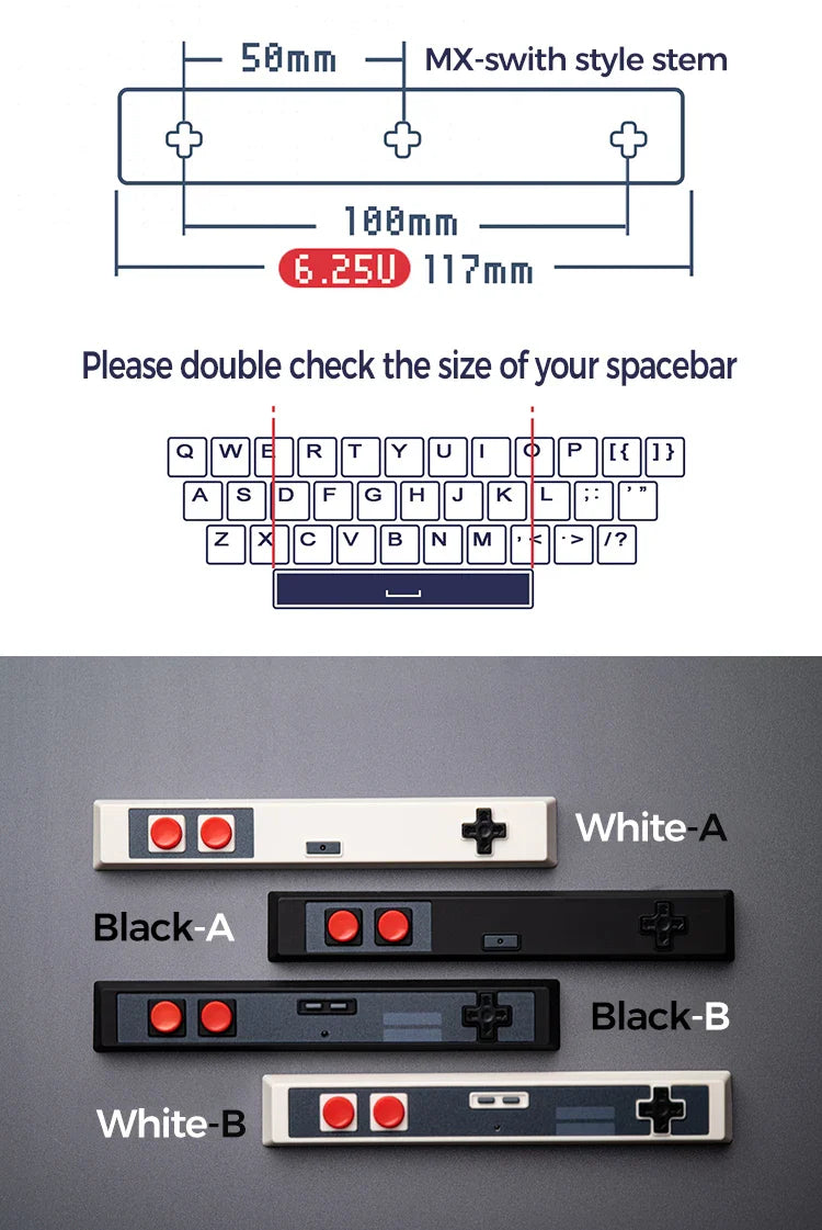 Retro Gamepad Keycap 6.25u spacebar Artisan Keycap ABS Material For MX switches for Gaming Mechanical keyboard Black White