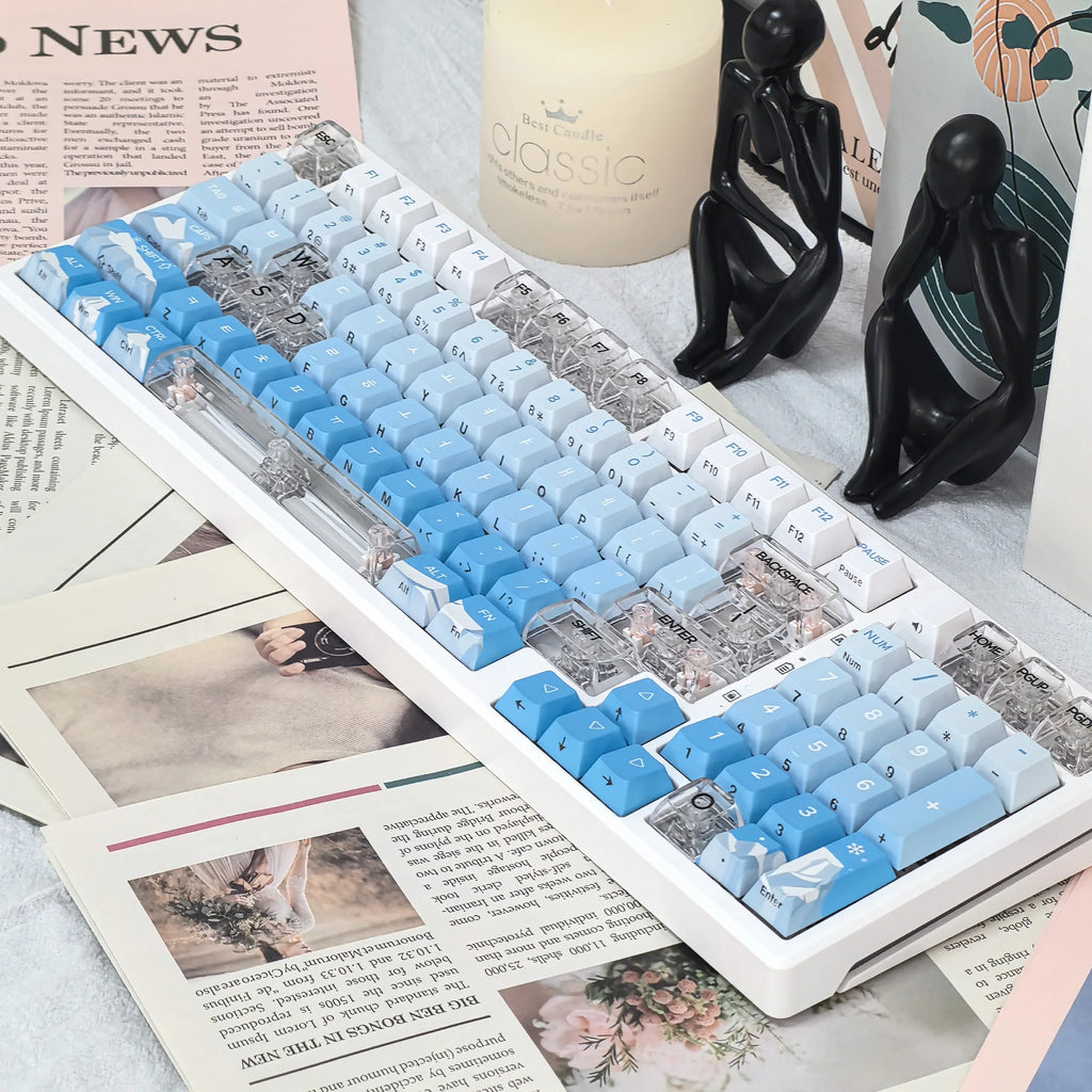 Korean Glacier Side-Engraved Translucent Keycaps OEM PBT Sublimation 122-Key DIY Fresh Gradient Blue White KR/korean Keycaps