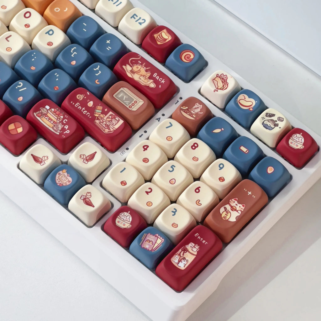 Meow Chef Keycap Set PBT Sublimation Cat Kitchen Cute Keycaps 131 Keys MOA Profile Red Blue Key Caps for DIY Mechanical Keyboard