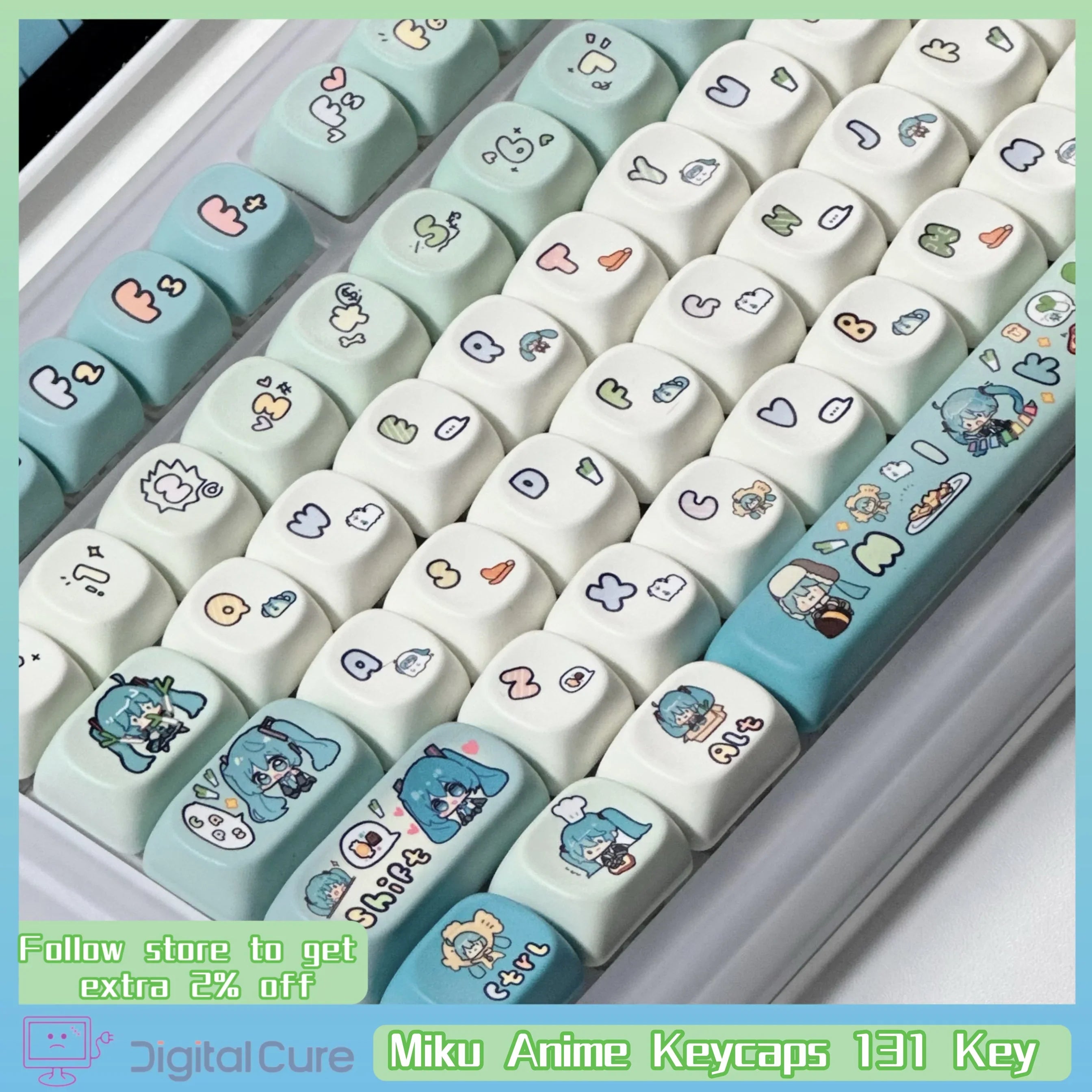 Miku Anime Theme Keycaps 131 Key Customized Pbt Material Keycaps Cute Cartoon Pattern Computer Game Mechanical Keyboard Keycaps