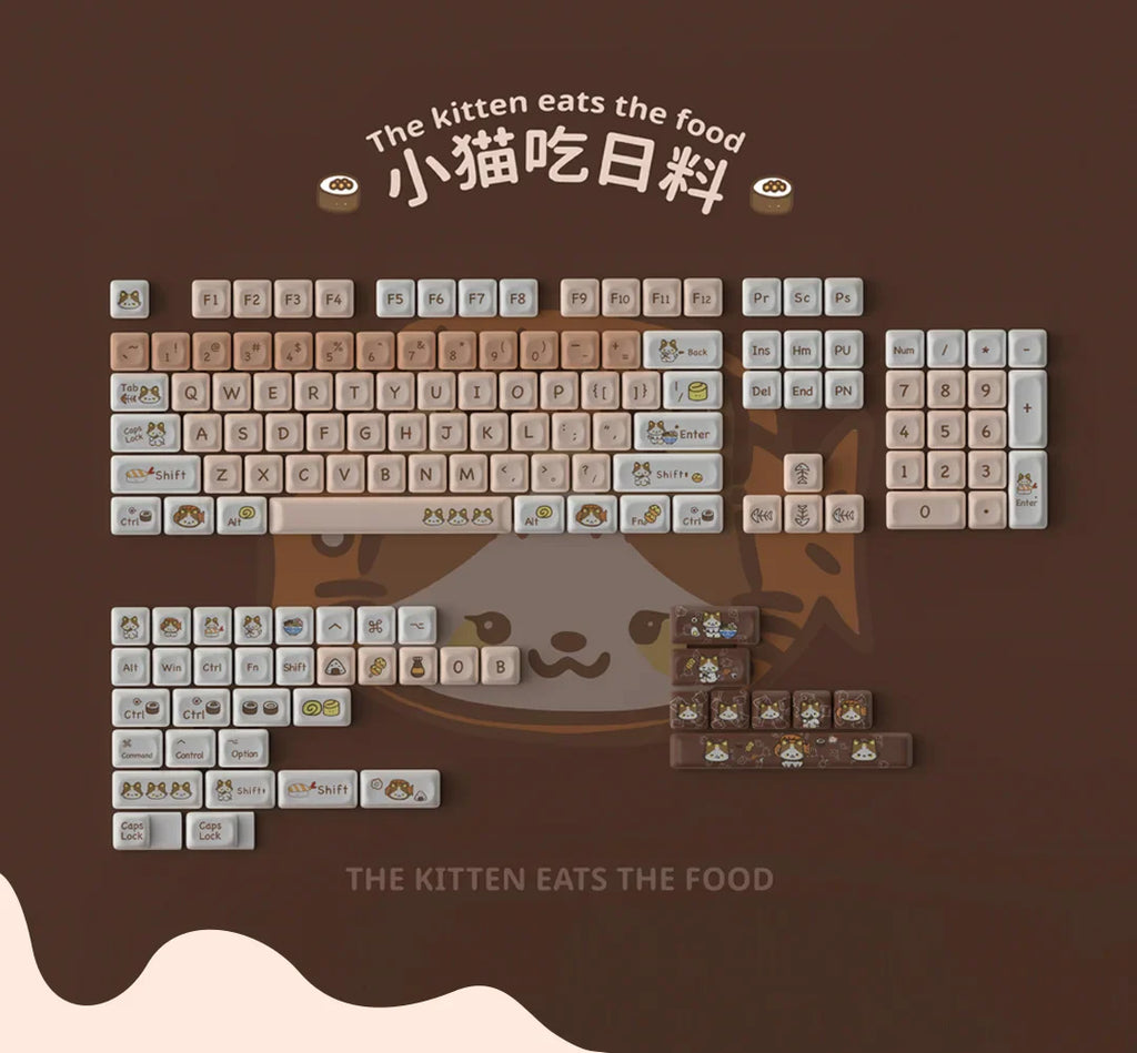 Cats Eat Japanese Food Keycaps Custom PBT MOA Profile Key Cap Cute Dye Sublimation Cartoon Anime Point Keycap Gaming Keyboard