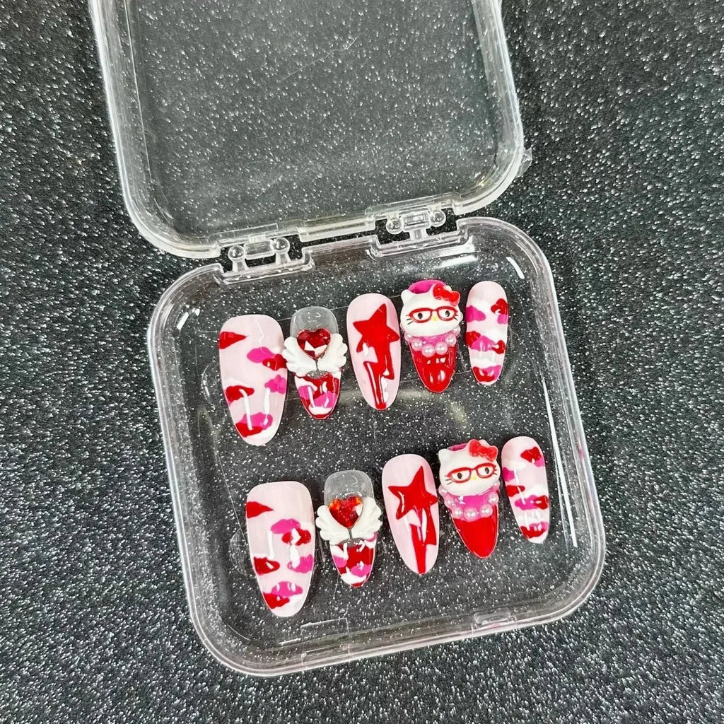 Cute 2024 Coffee Brown 3D Handmade Nail Art Sanrio Hello Kitty French Long Coffin Shape Star Kitty Full Coverage Removable Nails
