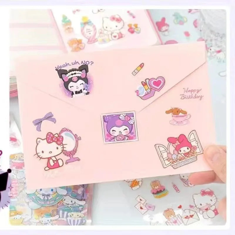 Hello Kitty Sanrio Non repeating 100 piece Sticker Set Cinnamoroll Kuromi Waterproof Stationery Sticker Gift Box Holiday Gift