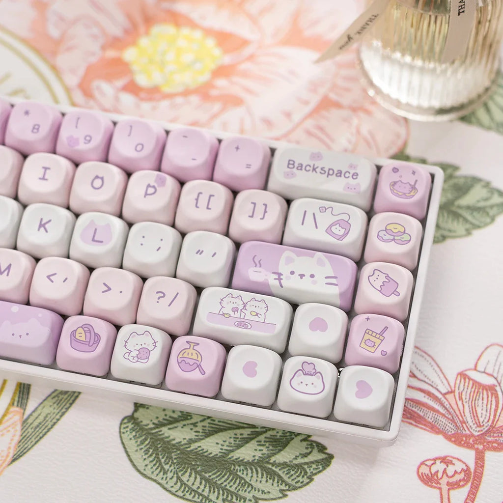 Cat Afternoon Tea Theme Purple Keycap 132 Keys MOA Height PBT Five-sided Sublimation Cute Keycaps for Mechanical Keyboard