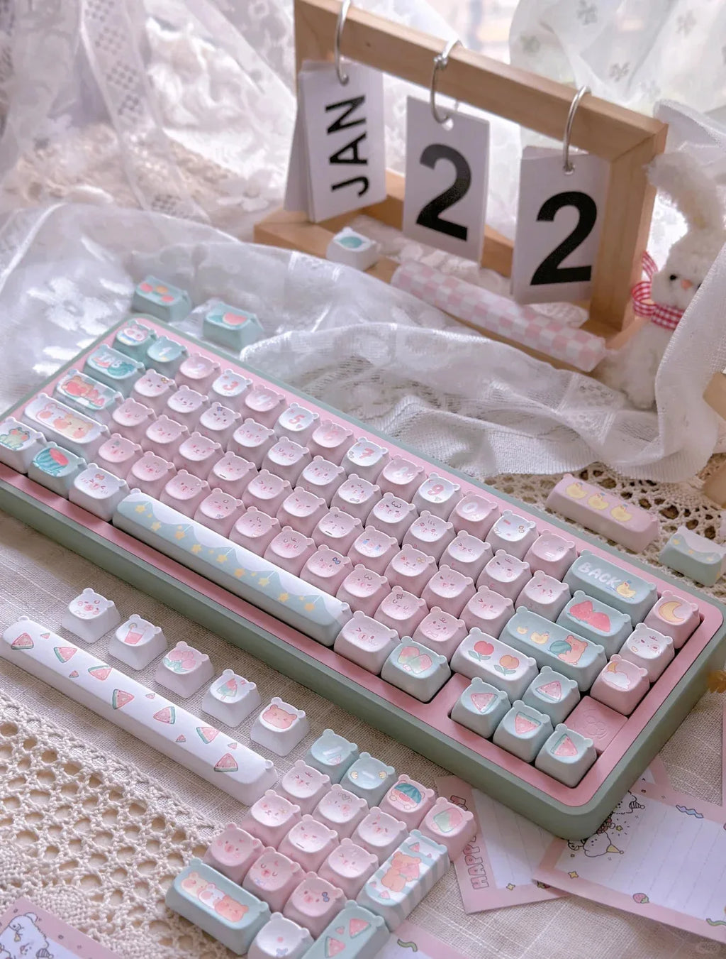 Cute Kawaii Bear Keycap EAO Pink Purple Expression Pbt For Diy Mechanical Keyboard Side Engraved Iso/Ansi Layout Cute Cat Keycap