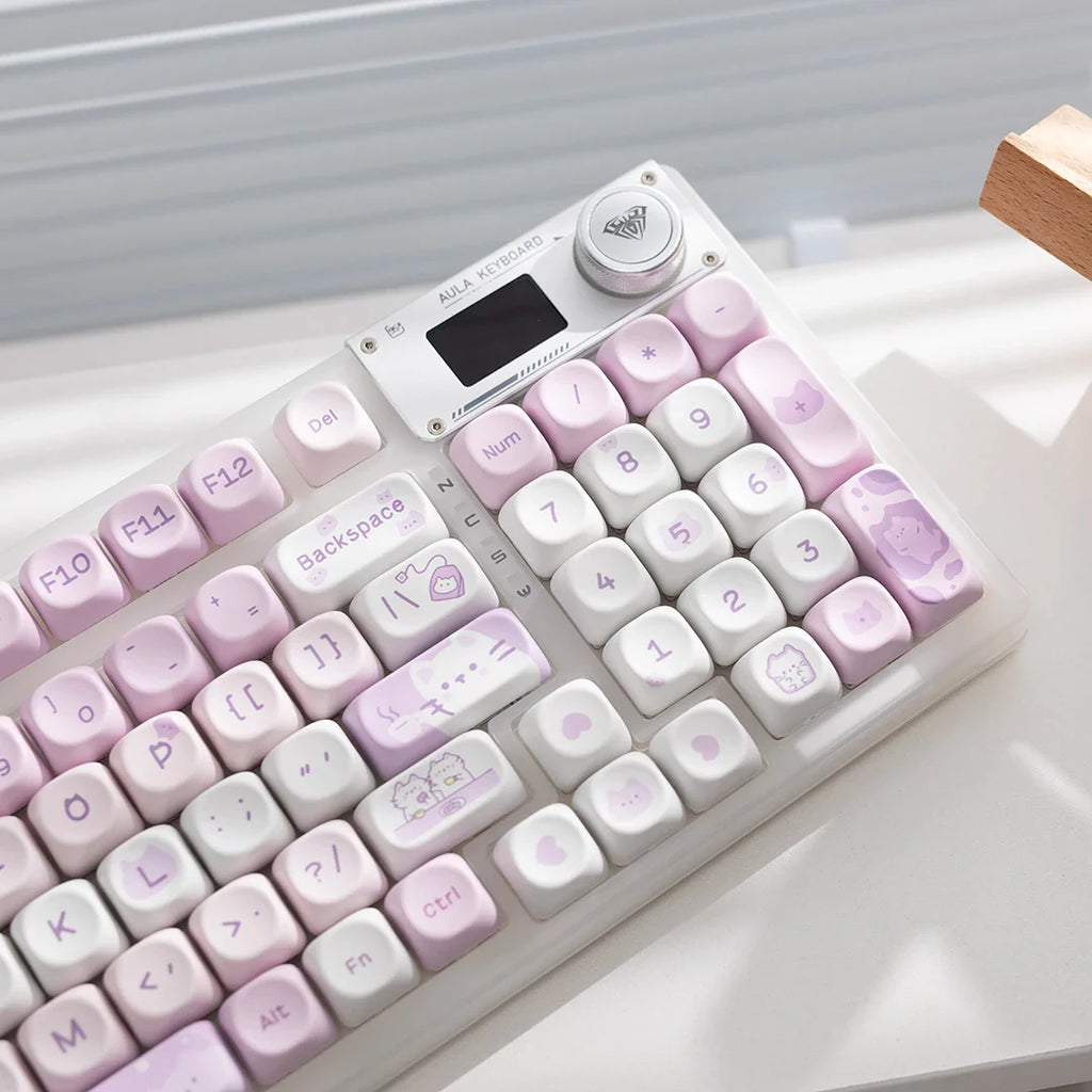 Cat Afternoon Tea Theme Purple Keycap 132 Keys MOA Height PBT Five-sided Sublimation Cute Keycaps for Mechanical Keyboard