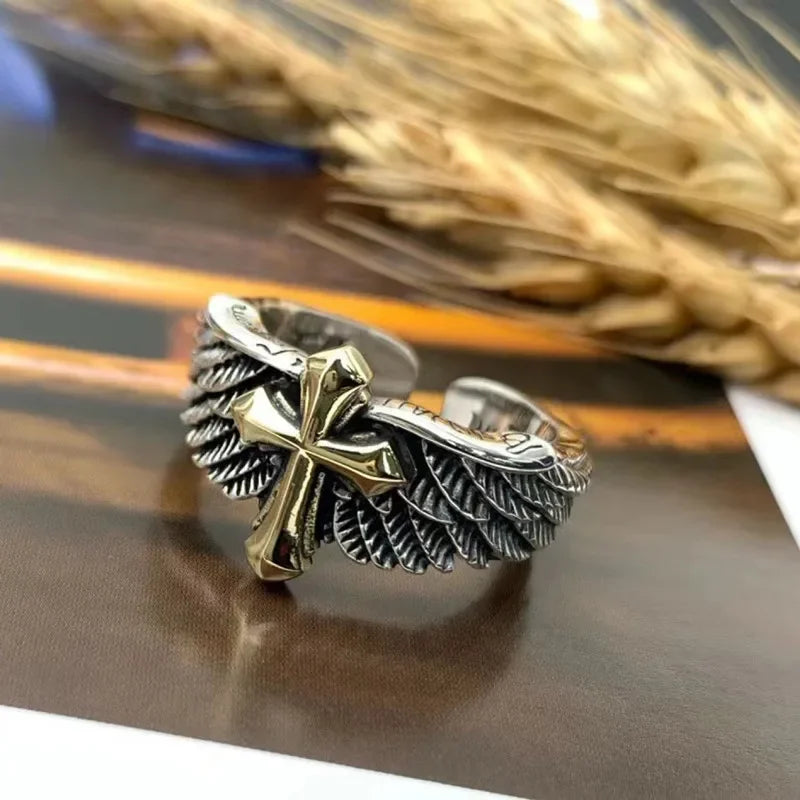 Devil Ram Horns Skull Open Ring for Men's Retro Satanic Cross Religious Amulet Jewelry