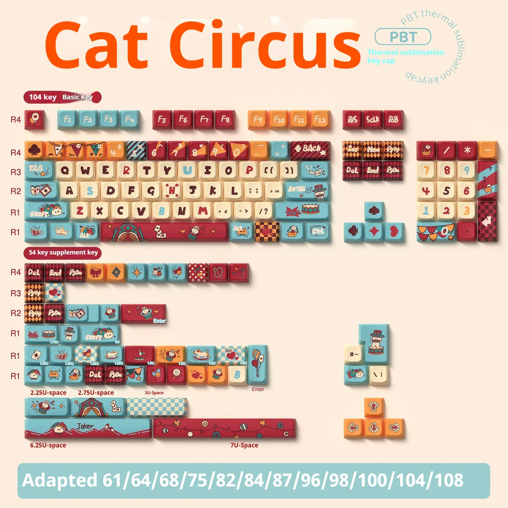Cat Circus Theme Keypad 138/158key Mda Cherry Profile Pbt Hot Sublimation Mechanical Keyboard Animation Peripheral Game Keycap