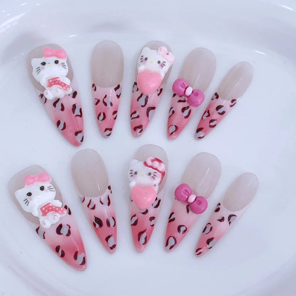 Sanrio Handmade French Press On Nails Hellokitty White Rose Cherry Girl Wearable Nail Tips Long Coffin Square Fake Nails Gift