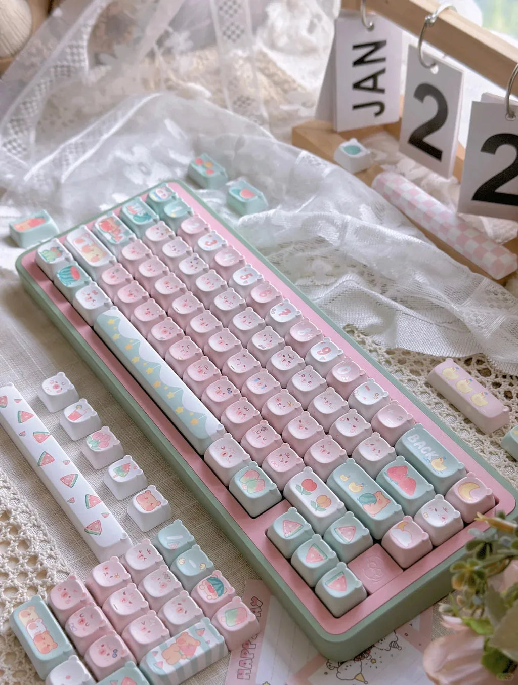 Cute Kawaii Bear Keycap EAO Pink Purple Expression Pbt For Diy Mechanical Keyboard Side Engraved Iso/Ansi Layout Cute Cat Keycap