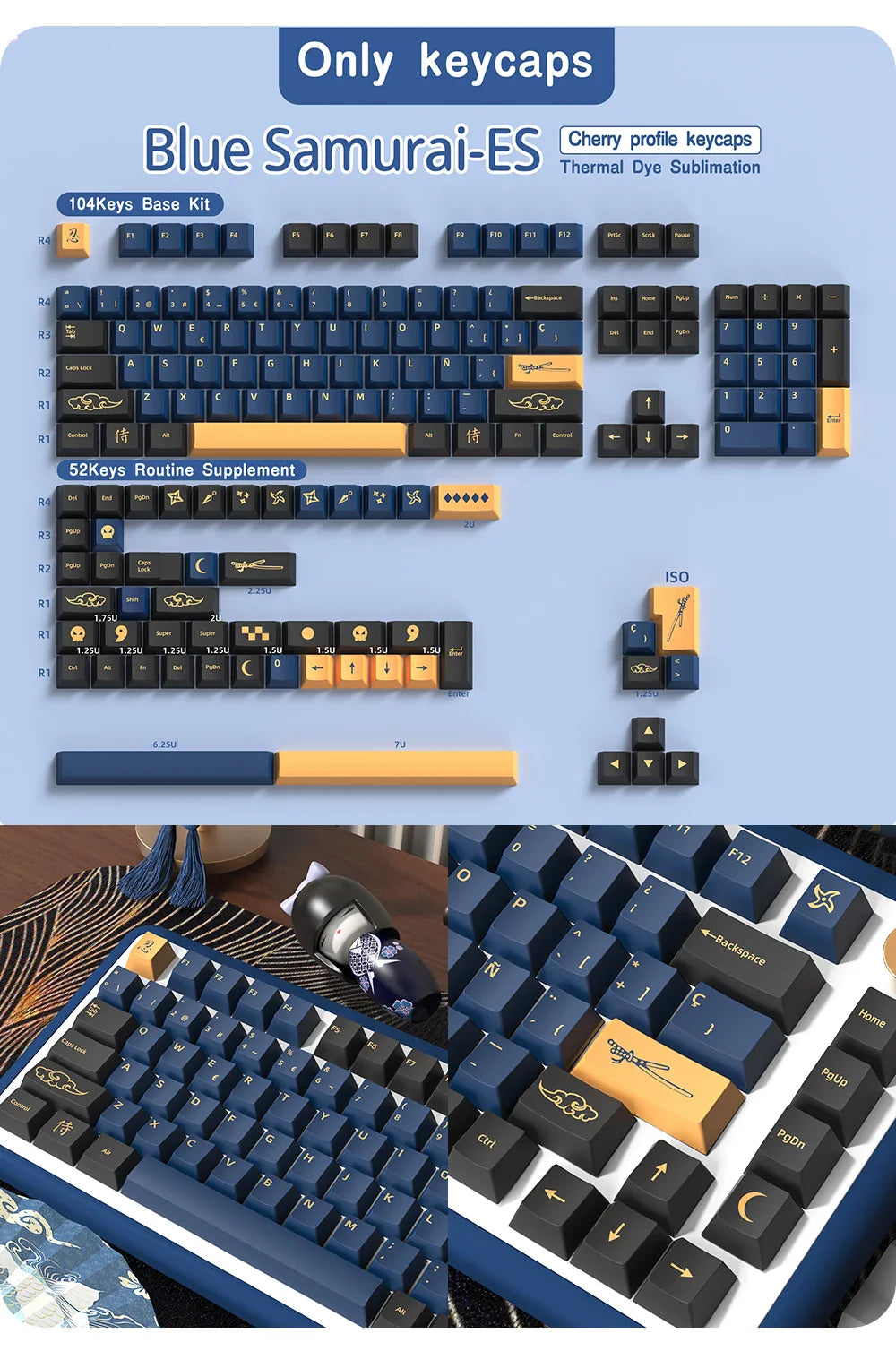 Blue Samurai Keycaps Japanese/Korean/Russian/German/Spanish/French PBT Keycap Cherry Profile for GMK Custom Mechanical Keyboard