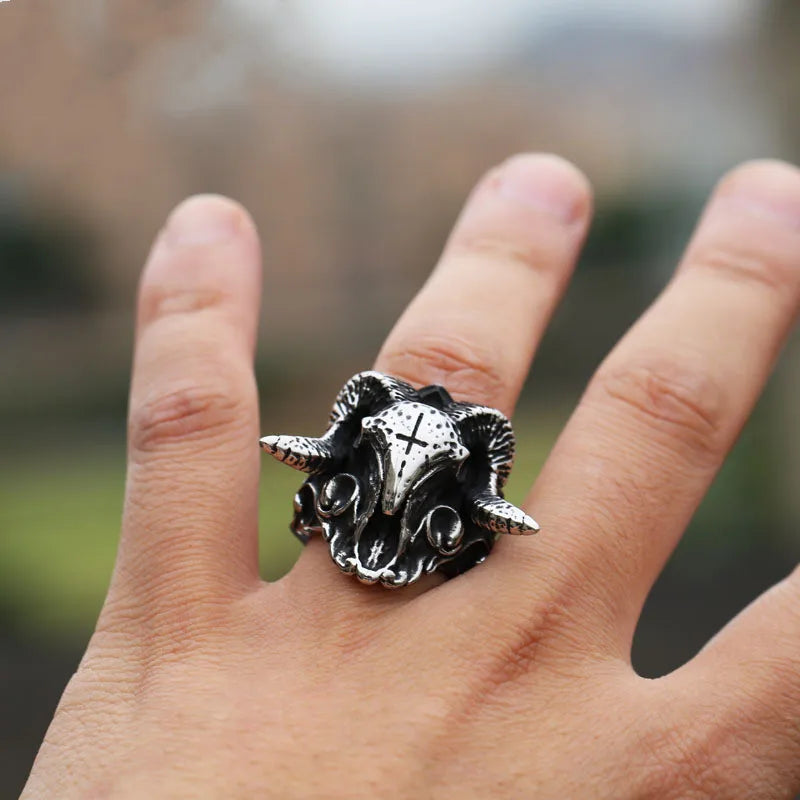 Devil Ram Horns Skull Open Ring for Men's Retro Satanic Cross Religious Amulet Jewelry