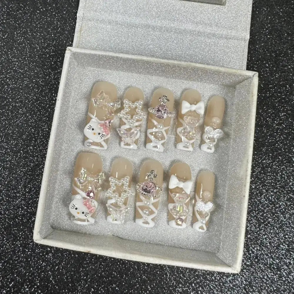 Cute 2024 Coffee Brown 3D Handmade Nail Art Sanrio Hello Kitty French Long Coffin Shape Star Kitty Full Coverage Removable Nails