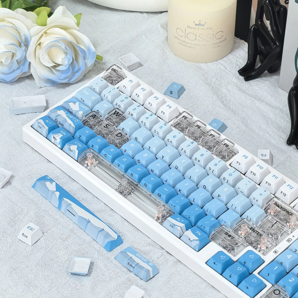 Korean Glacier Side-Engraved Translucent Keycaps OEM PBT Sublimation 122-Key DIY Fresh Gradient Blue White KR/korean Keycaps