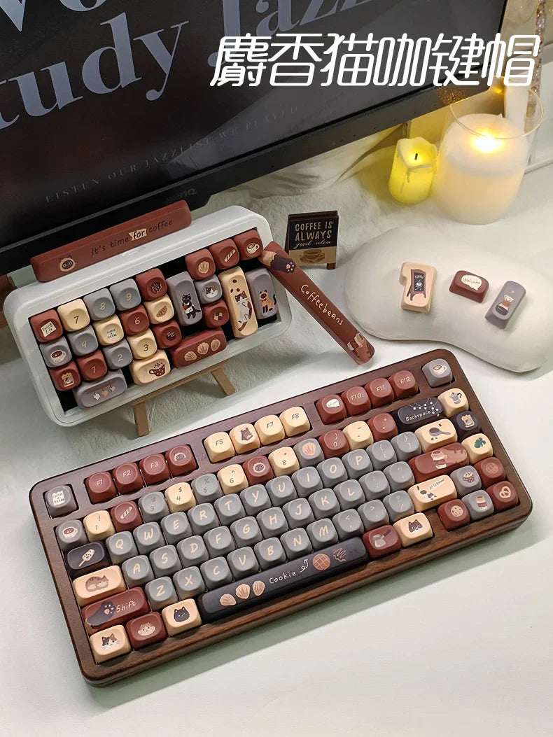 Cute Musk Cat Cafe Theme Keycaps Set PBT Cherry Profile MOA Custom Original Handmade Keycaps for Mechanical Keyboard Accessories