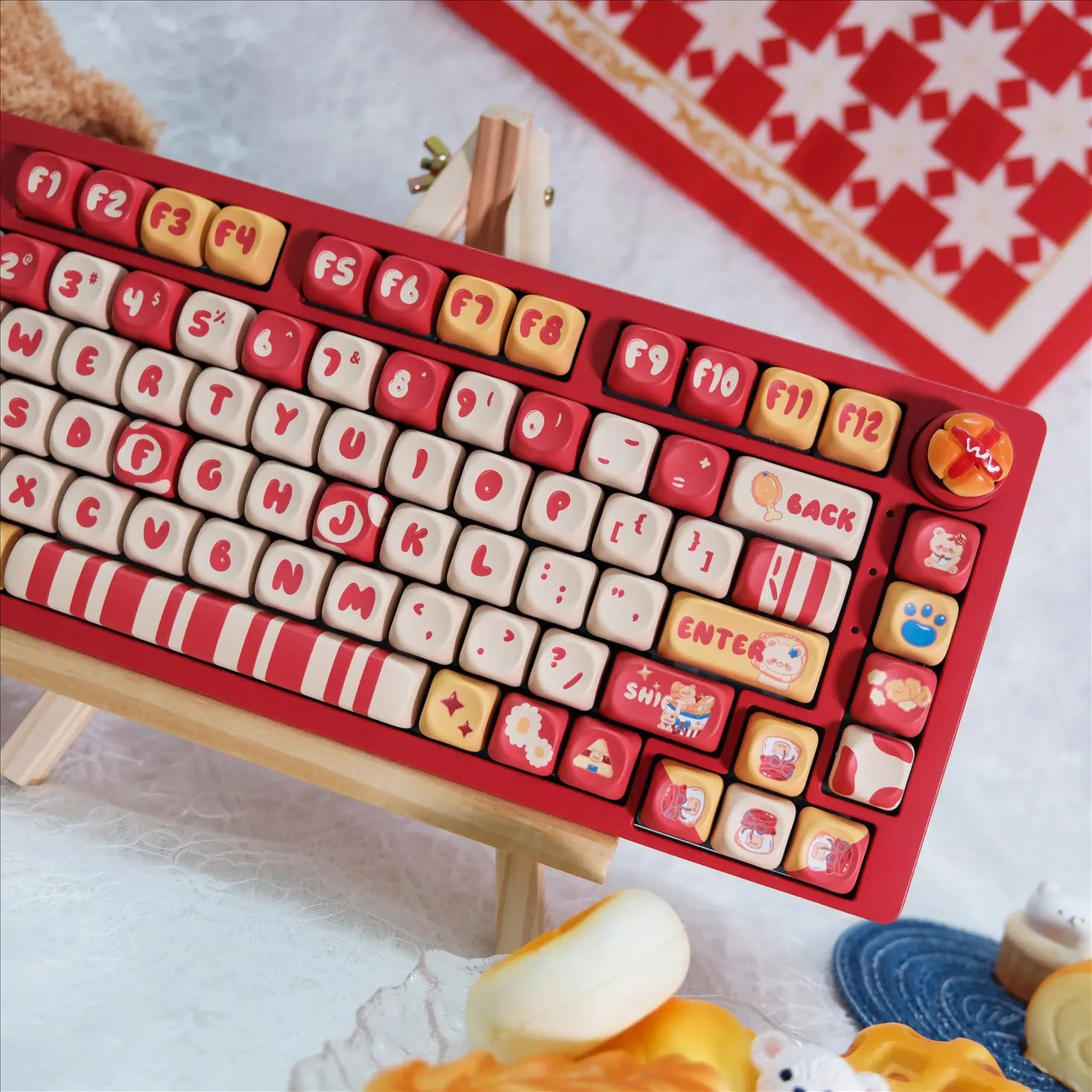 Gourmet Bear Theme Keycaps 125/141 Key Moa Height Five Sided Heat Sublimation Red Cartoon Story Mechanical Keyboard Keycaps