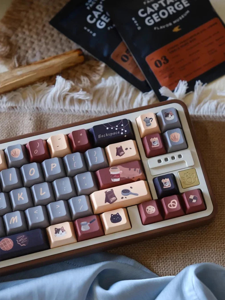 Cute Musk Cat Cafe Theme Keycaps Set PBT Cherry Profile MOA Custom Original Handmade Keycaps for Mechanical Keyboard Accessories