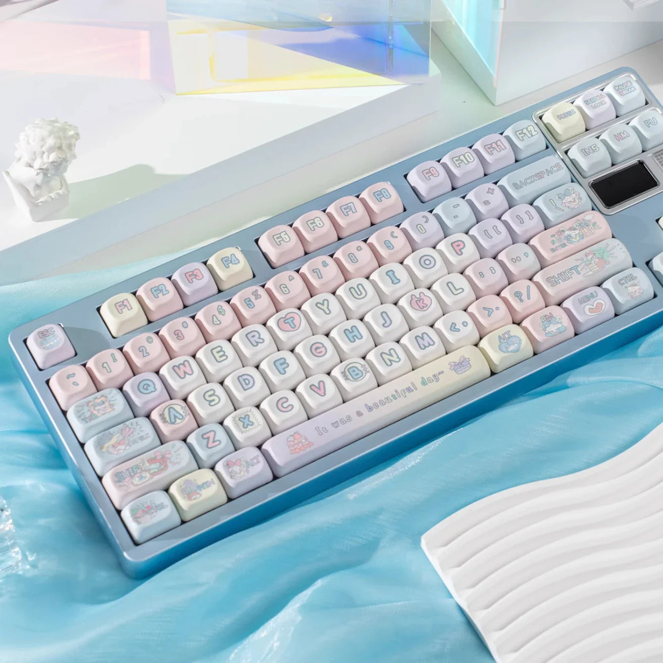 Peach Rabbit Theme Keycap PBT Thermal Sublimation Blue Pink Gradient Ball Cap 131Keys Cute Bunny Mechanical Keyboard Keycaps