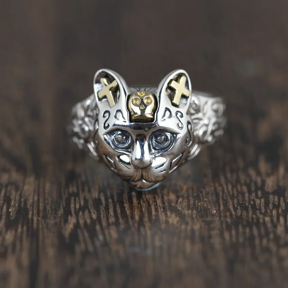Devil Ram Horns Skull Open Ring for Men's Retro Satanic Cross Religious Amulet Jewelry