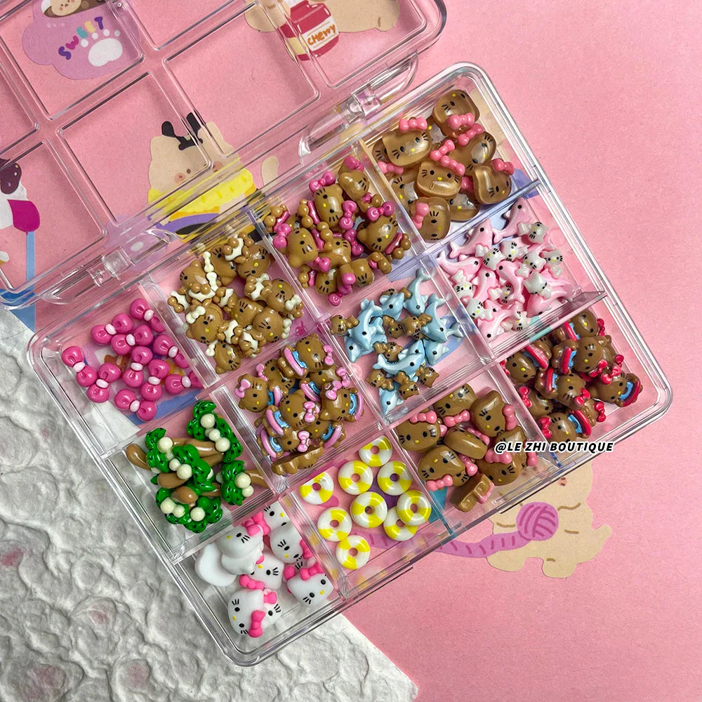 Boxed 120Pcs Kawaii Black Skin Sanrio Hello Kitty Nails Art Charms Accessories 3D Beach Bow Dolphin Resin Nails Decor Promotion