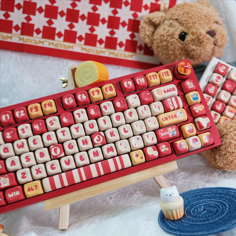 Gourmet Bear Theme Keycaps 125/141 Key Moa Height Five Sided Heat Sublimation Red Cartoon Story Mechanical Keyboard Keycaps