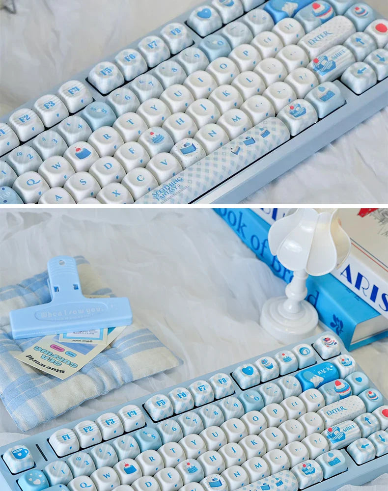 Sweet Dream Keycaps New Moa Pbt Sublimation Cute Blue Cute Round Alice Layout Keycaps L-Shaped Enter Key 2.25/2.75/7U Space Bar