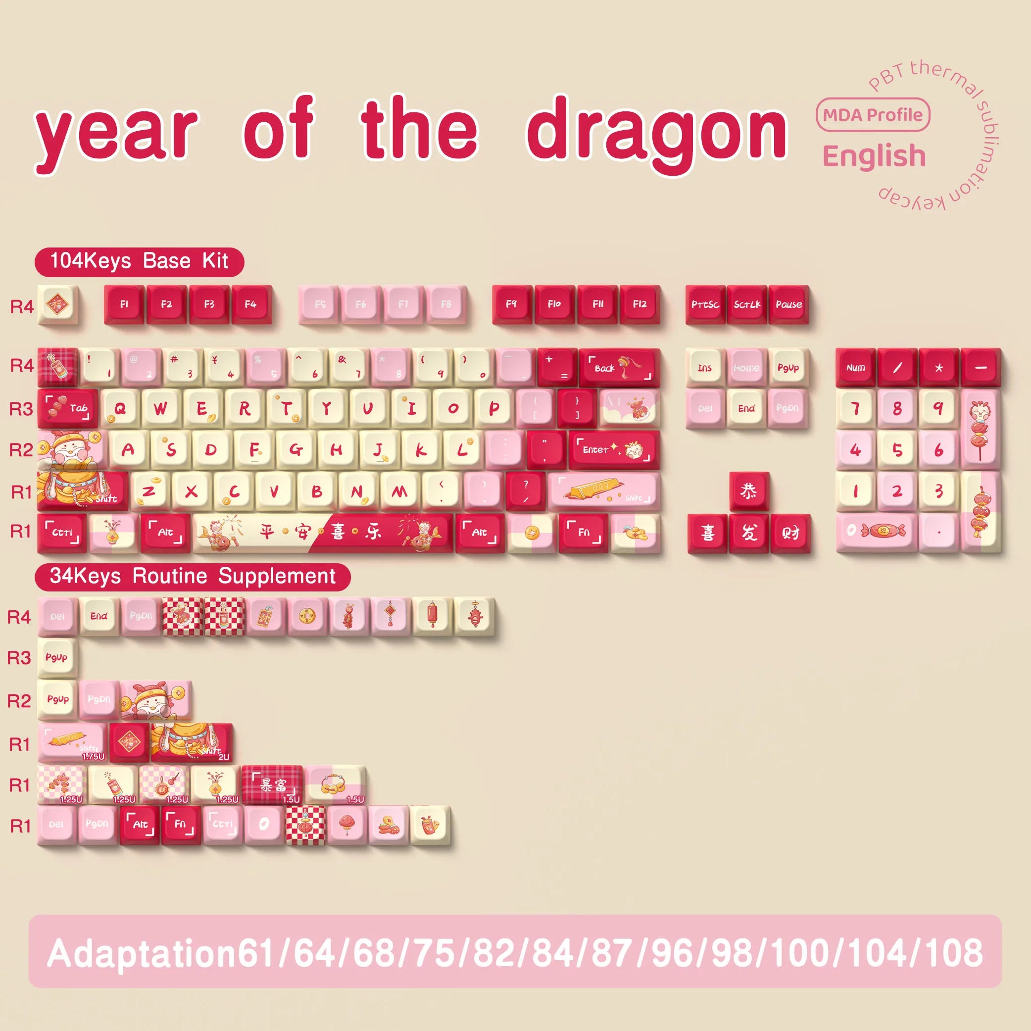 Lucky Dragon Year Theme Keycaps MDA Profile Personalized Keycap For Mechanical Keyboard with 7U and ISO key cap