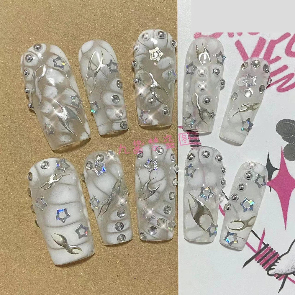 Sanrio Hello Kitty Y2K Nail Cartoon Punk Long Square Handmade Fake Nails Leopard Print Five-Pointed Star Diamond Detachable Nail