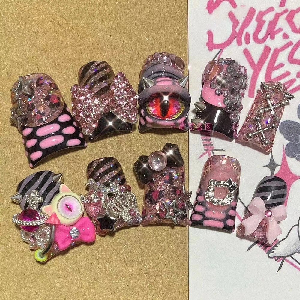 Sanrio Hello Kitty Y2K Nail Cartoon Punk Long Square Handmade Fake Nails Leopard Print Five-Pointed Star Diamond Detachable Nail