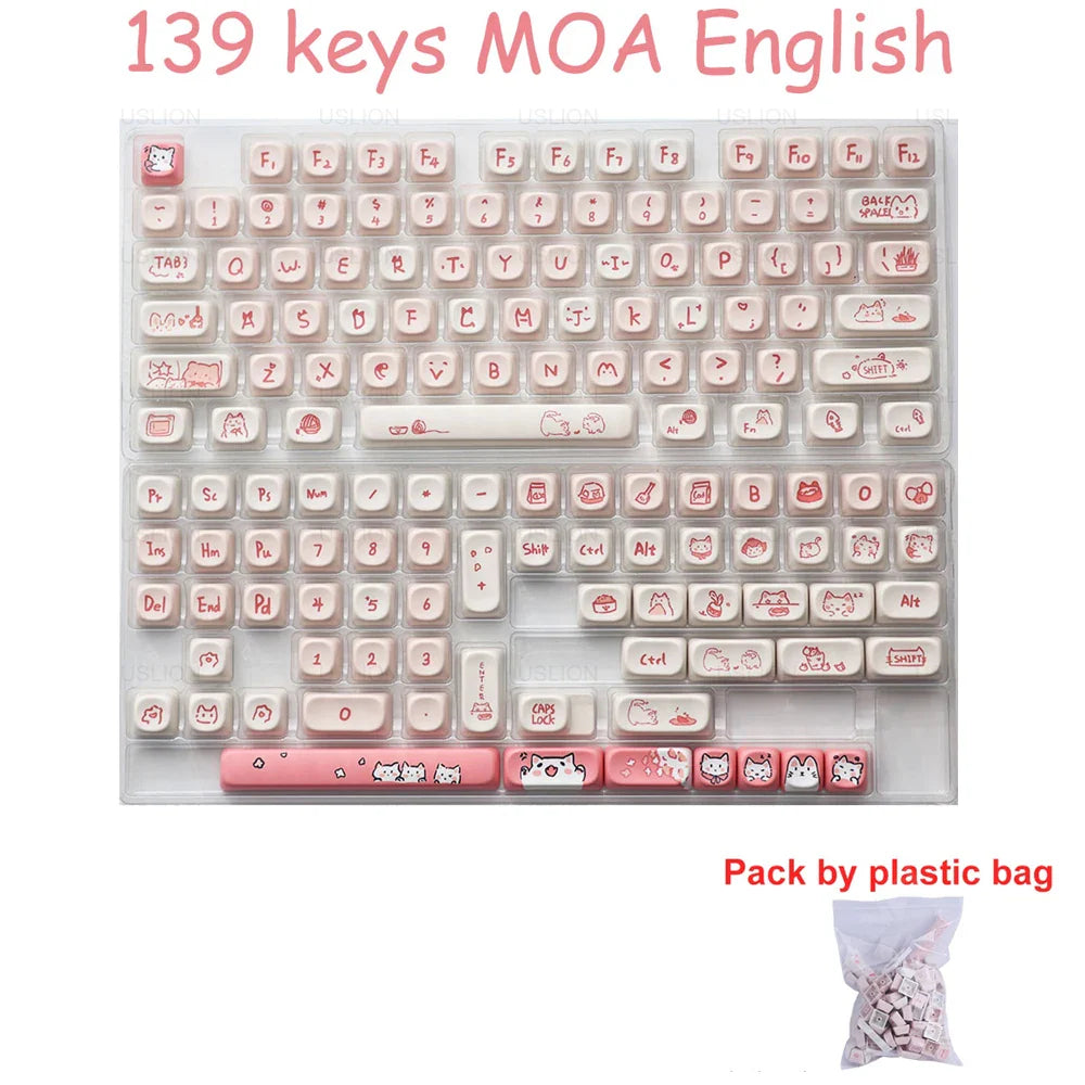 USLION 139Keys Keycaps Pink Meow Cat Theme MOA Profile PBT Kep Caps for 61/64/68/84/75/87/96/104 Keys Gaming Mechanical Keyborad