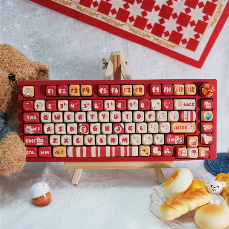 Gourmet Bear Theme Keycaps 125/141 Key Moa Height Five Sided Heat Sublimation Red Cartoon Story Mechanical Keyboard Keycaps