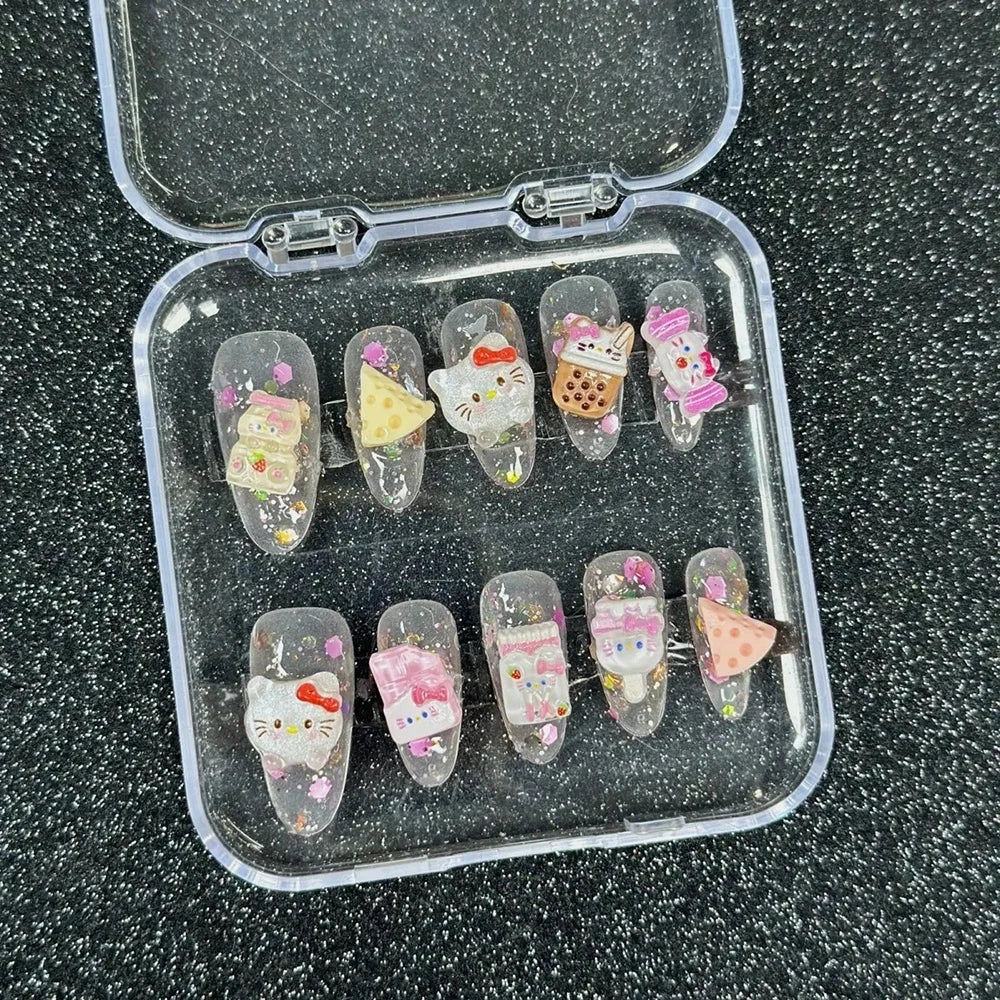 Cute 2024 Coffee Brown 3D Handmade Nail Art Sanrio Hello Kitty French Long Coffin Shape Star Kitty Full Coverage Removable Nails