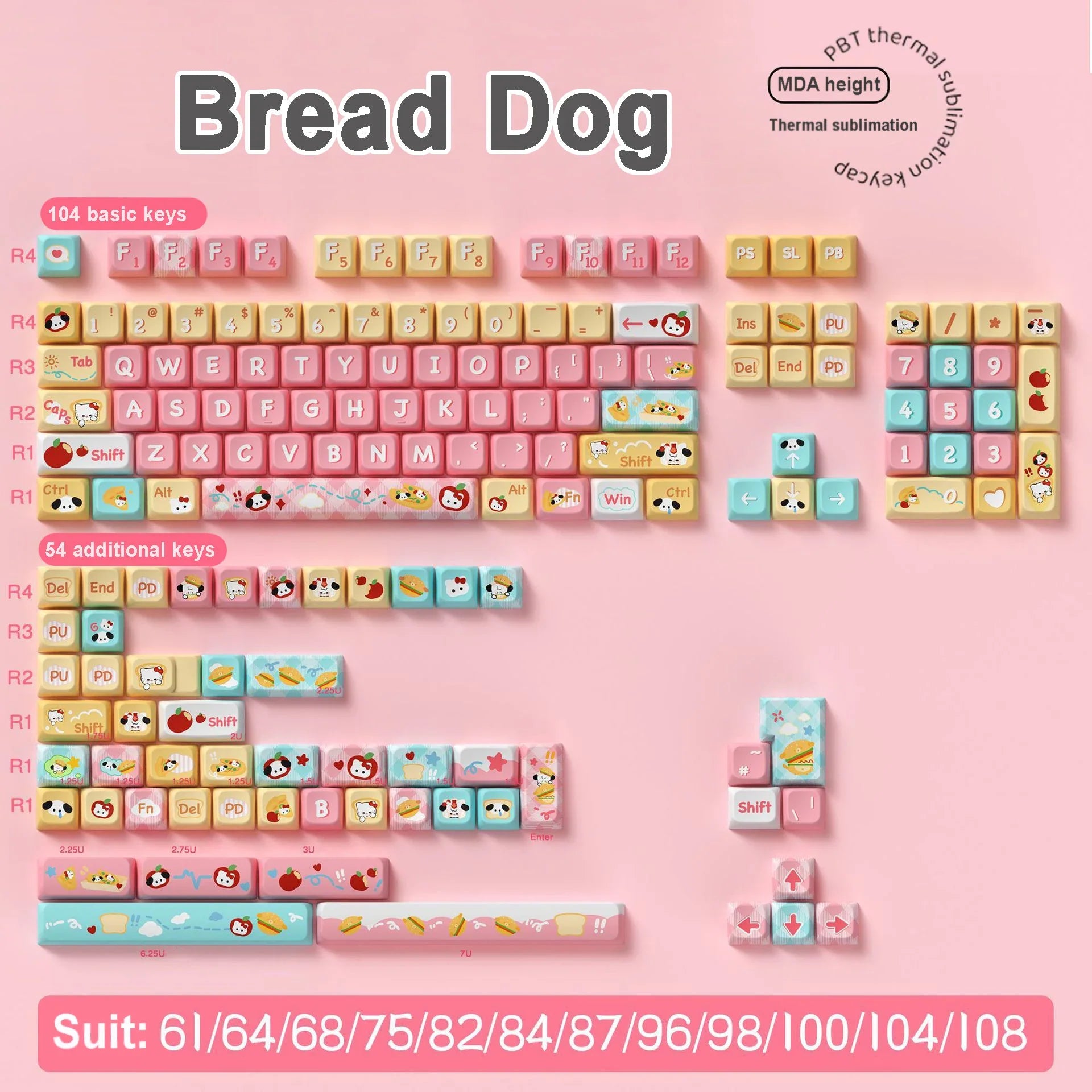 Kawaii Puppy Bread Theme Keycap Cute MDA 158 keys Keycap Custom Thermal Sublimation Keycap For Keyboard Accessories Friends Gift