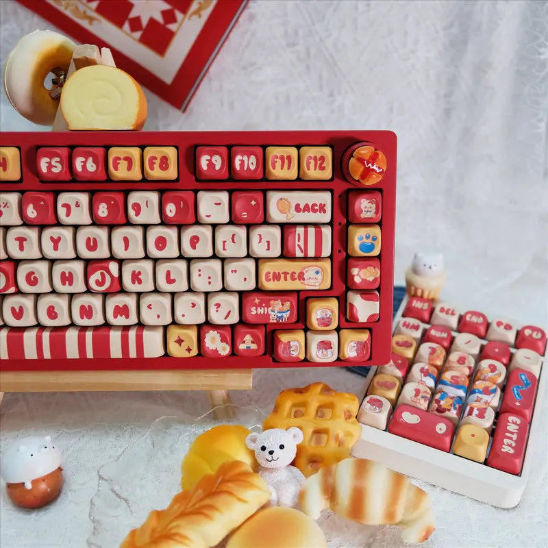 Gourmet Bear Theme Keycaps 125/141 Key Moa Height Five Sided Heat Sublimation Red Cartoon Story Mechanical Keyboard Keycaps