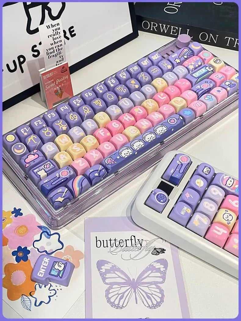 Cat Candy Planet Keycap Pbt Material SOA Height Full Five-Sided Sublimation Process Round And Cute Diy Purple Rainbow Keycaps