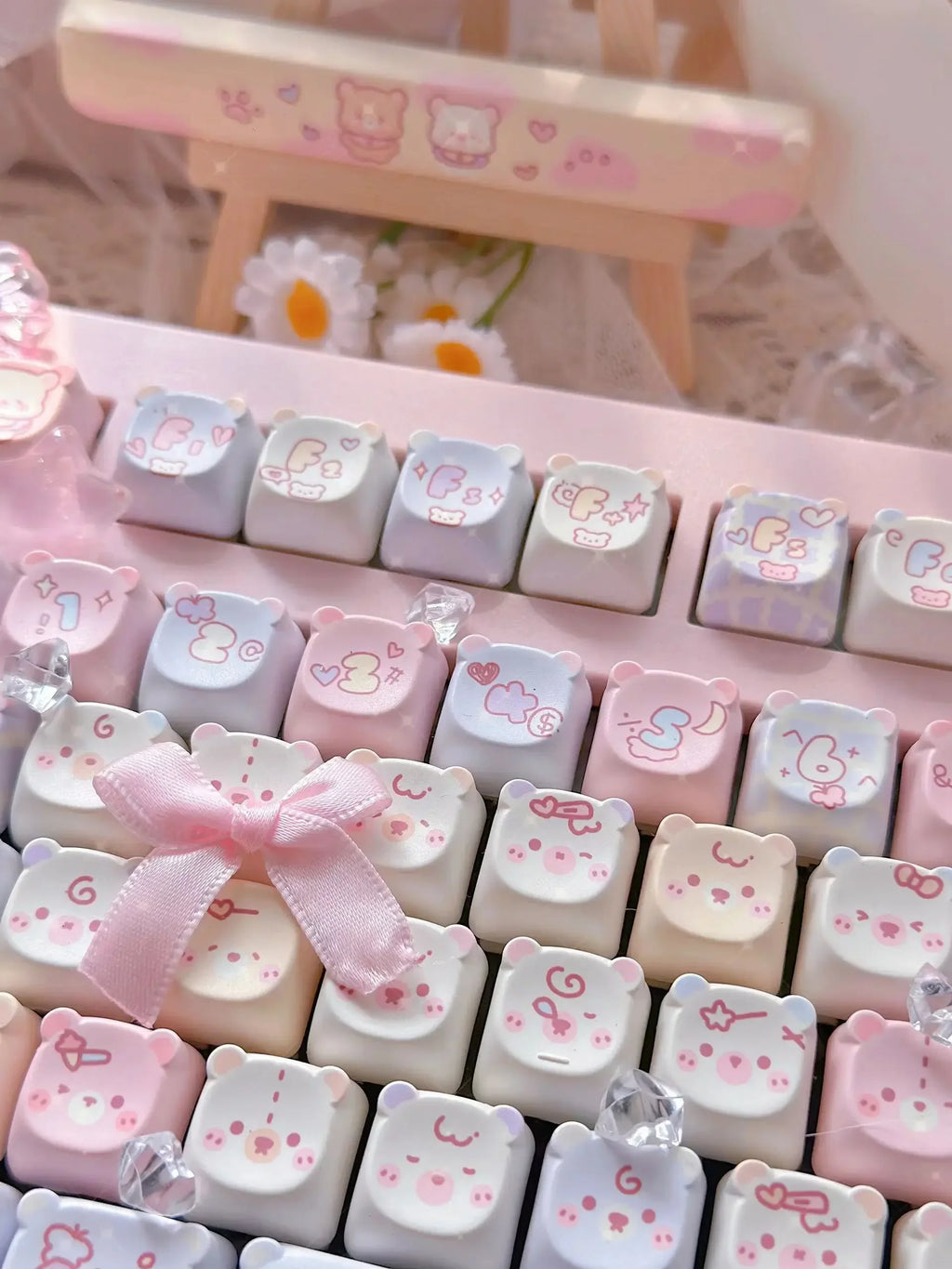 Cute Kawaii Bear Keycap EAO Pink Purple Expression Pbt For Diy Mechanical Keyboard Side Engraved Iso/Ansi Layout Cute Cat Keycap
